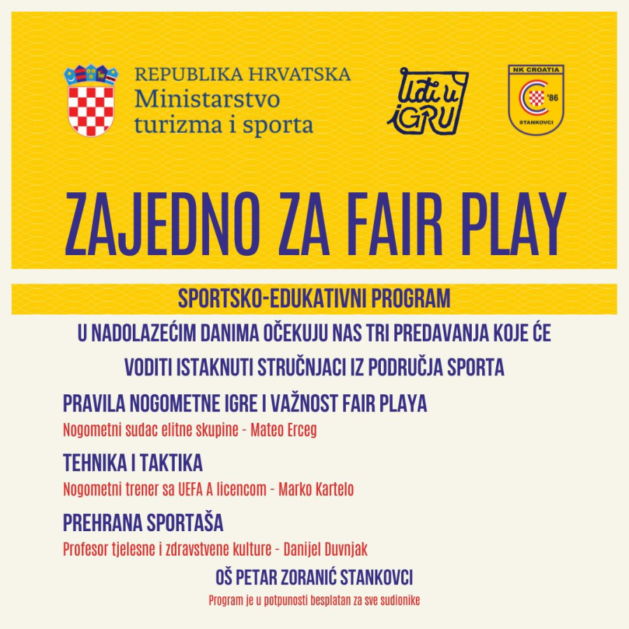 NOGOMETNI KLUB STANKOVCI PROVODI PROJEKT &bdquo; ZAJEDNO ZA FAIRPLAY&ldquo;